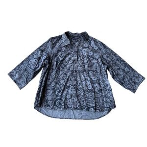 Westbound Woman 2X Blue Paisley Button Down Shirt 3/4 Sleeve Wrinkle Free Cotton